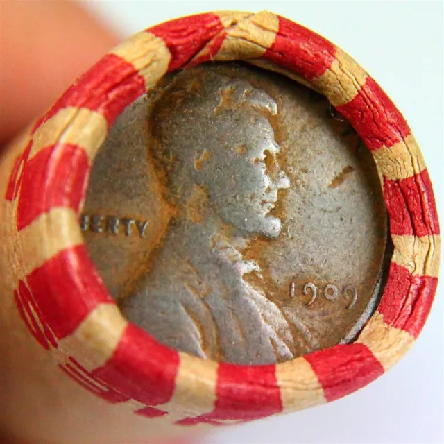 1909 Wheat Lincoln Cent Showing On End Of A 50 Coin Wheat Roll