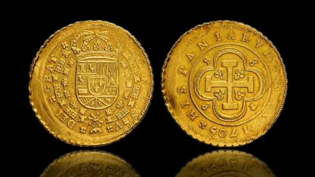 Kingdom of Spain 8 Escudos de cruz 8 Coats of Arms 1705 Philip V. Seville P Gold
