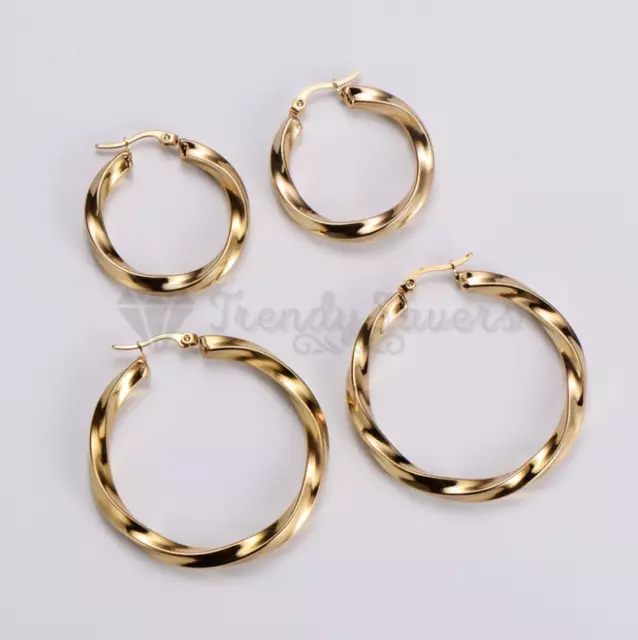9ct Gold plated Stainless Steel Twisted Click top Big Small Hoop Earrings