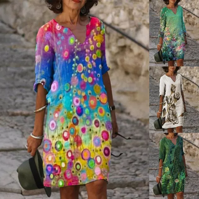 Summer Ladies Floral Print Womens Dress V-neck Smock Dress Shirt Dress