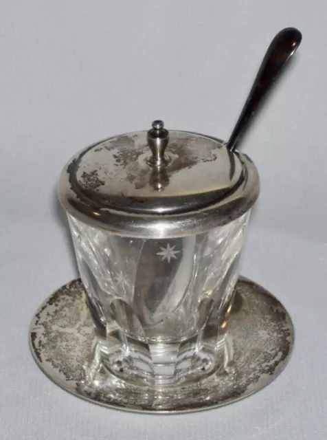 Vintage Sterling Silver & Crystal 4-Pc MUSTARD POT/JAR (R D  191)