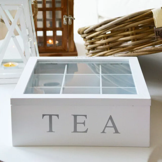 Bamboo Wood Tea Bag Organizer Storage Box 9 Compartment Tea Bag Box w/ Clear Lid