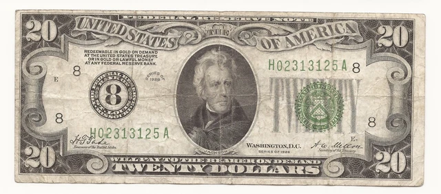 1928 $20 Bill Federal Reserve Note FRN St Louis Numeric 8 Gold Clause 125A-WXMF