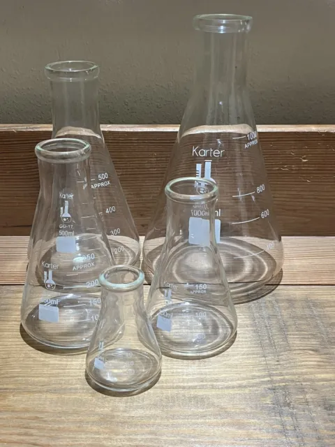 Set of 5 Lab Glass Flask Narrow Mouth Science Beaker Borosilicate Erlenmeyer