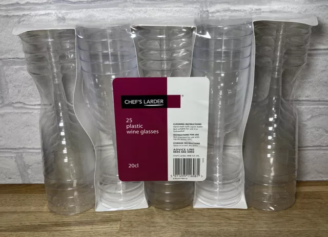 Chef’s Larder 25 Clear Recyclable Plastic Party Wine Glasses 200ml 20cl New