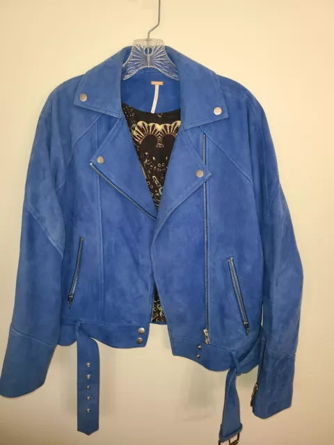 Leather Free People Blue Suede Moto Jacket Size Small