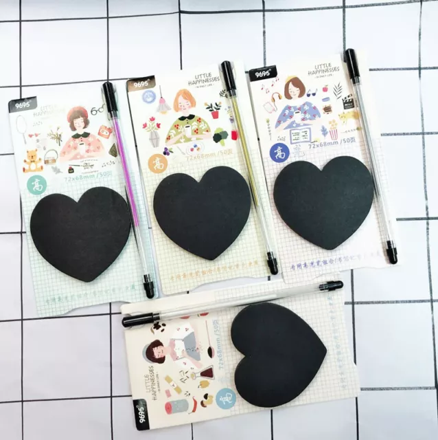 Heart Square Shape Black Sticky Notes With Glitter Pens Cute Sticky Note Pad
