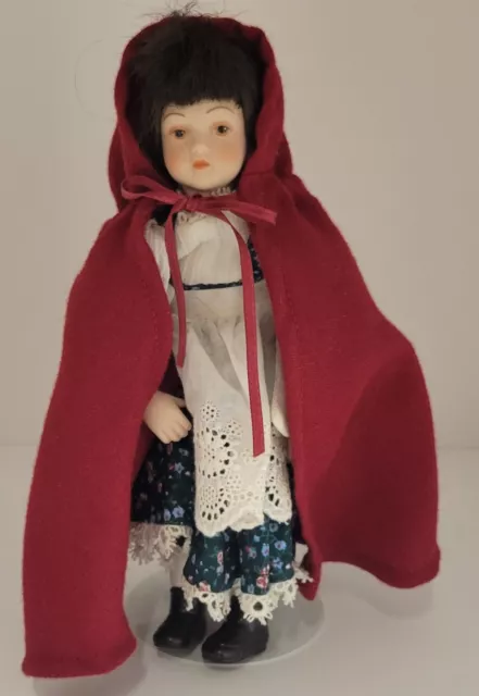Little Red Riding Hood Porcelain Doll With Stand EUC 7.5" Tall Cloth Body