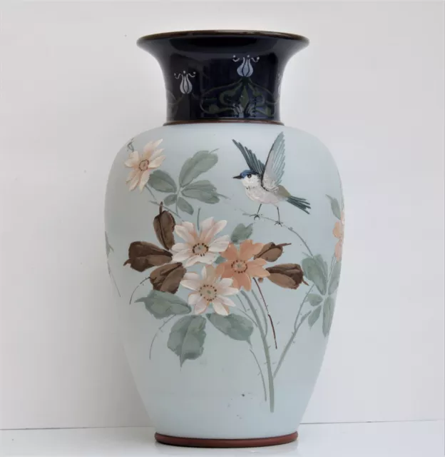 Antique Lovatt Langley Mill Vase New Aerware Blue Tit and Flowers 35cm Tall 1903