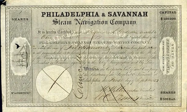 1853 Philadelphia & Savannah Steam Navigation Stock Certificate