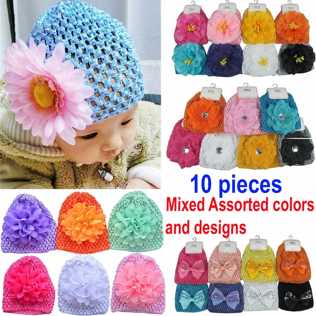 10 pc Baby Girl Chiffon Flower Hats Infant Turban Crochet Newborn Knit 0-12M Lot