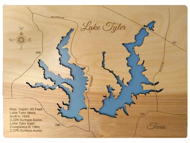 Lake Tyler West and Lake Tyler East, Texas - laser cut wood map | Wall Art
