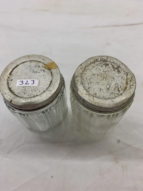 Two Vtg Hoosier Ribbed Glass Spice Jars With Aluminum Lids, 1 Shaker, 1 Solid 2