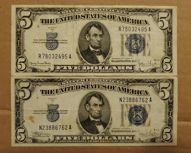 1934 C & D $5.00 Five Dollar Blue Seal Silver Certificate with Free S&H