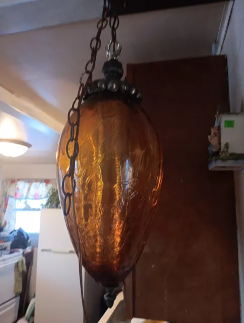 Vtg 1960's- 70's MCM Retro  Amber Crackle Glass Hanging Swag Light/Lamp 2