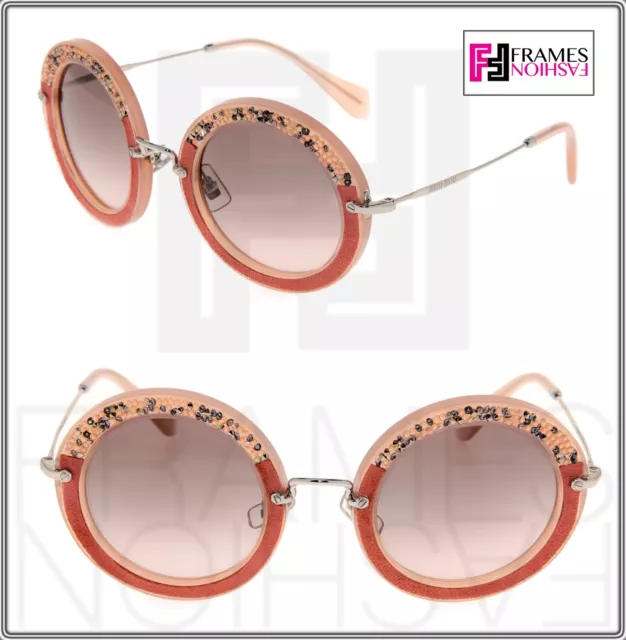 MIU MIU NOIR Crystal Pave ROCK 08R Pink Coral Suede Round Sunglasses MU08RS