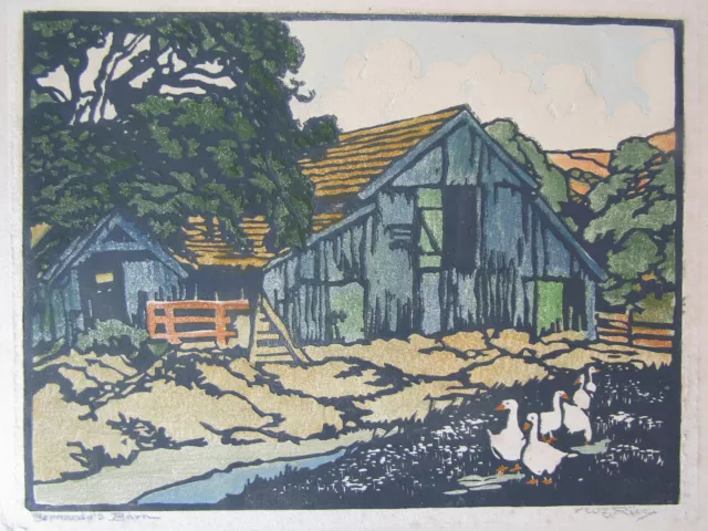 Rare Arts Crafts William Seltzer Rice Woodblock Print Bernardo's Barn Signed