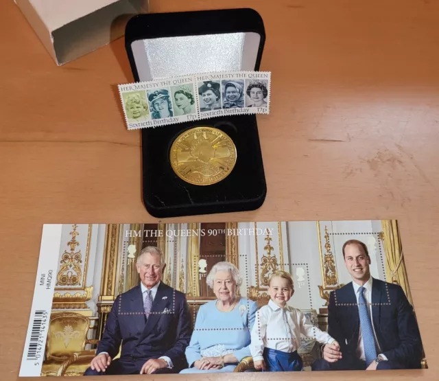 Queen Elizabeth II 90th Birthday Gold Coin Old Royal Family Stamps Union Jack UK