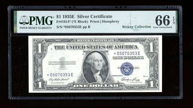 DBR 1935-E Silver STAR Gem Fr. 1614* PMG 66 EPQ Serial *05070353E