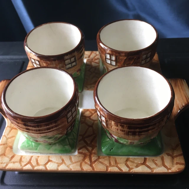 VINTAGE FOUR CUPS And Tray Tea/Sake Set, “Cottage Style” From Occupied