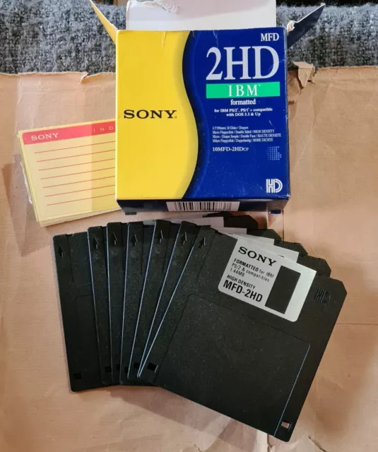 Sony 2HD IBM Formatted 1.44mb floppy discs, opened pack, 7 unused with labels