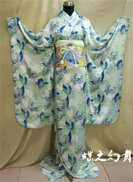 Japanese Traditional Kimono Womens Dancing Butterflies Long Kimono Cosplay Costu