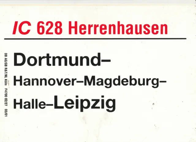 Original Zuglaufschild innen Plast IC 628 Dortmund - Hannover - Leipzig
