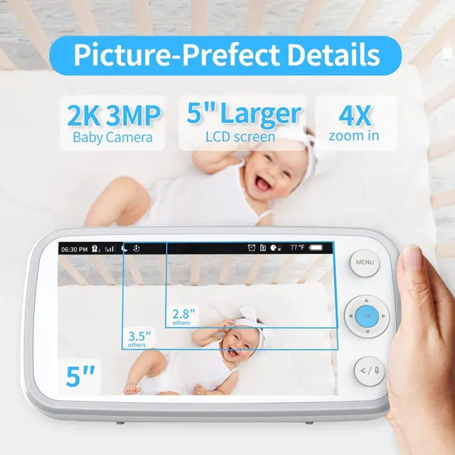 Baby Monitor, 2K QHD 5’’ Video Baby Monitor with Camera and Audio, No WiFi 2