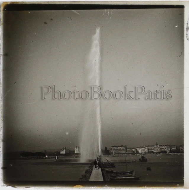 Genève Jet d’eau Suisse Plaque de verre stereo Positif Vintage