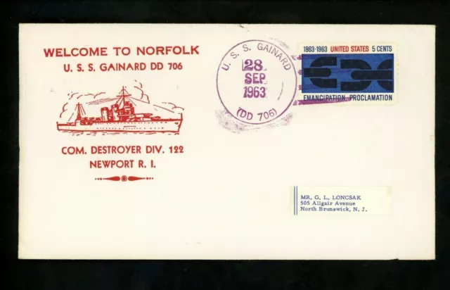 US Naval Ship Cover USS Gainard DD-706 Cold War 9/28/1963 Norfolk VA