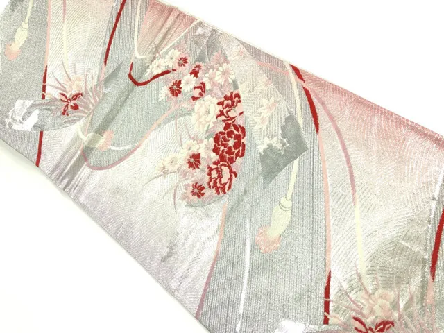6402548: Japanese Kimono / Antique Fukuro Obi / Woven Tanzaku Pattern & Flowers