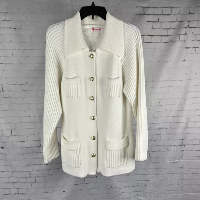 Vintage Collections Women's 38 Medium White Collared Cardigan Sweater Pockets