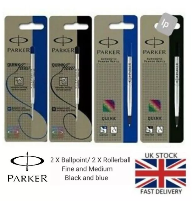 2 x Genuine Parker Medium Fine Ball Point or Rollerball Pen Refill Blue or Black