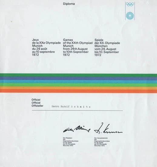 1972 Munich Olympic Participation Diploma