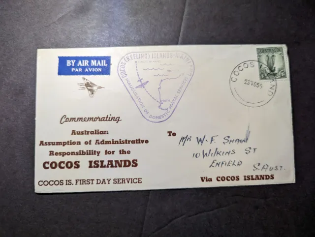 1955 Australia Airmail First Day Cover FDC Cocos Island to Enfield