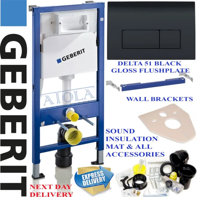 Geberit wall hung toilet frame with black gloss flushplate, brackets & mat wc