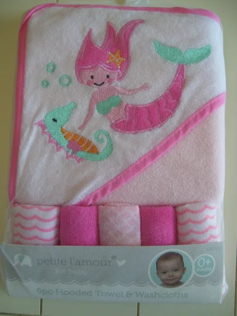 Girls Petite L'Amour Mermaid 6 Pc Hooded Towel & Washcloths Baby Gift Set