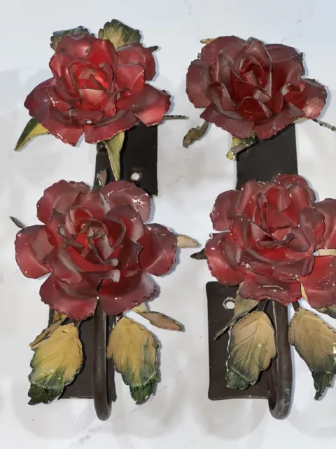 Vintage Antique Metal Tole Floral Rose Curtain Drape Tie Backs 2 Pair/4 Pieces