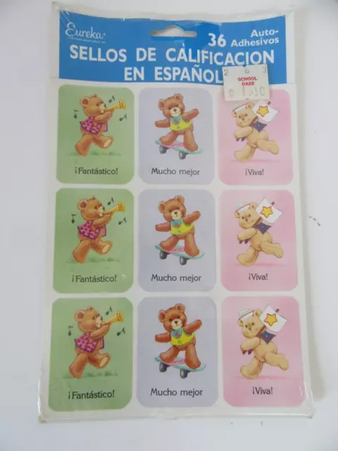 Vintage Paper Magic Eureka 36 Stickers Spanish Espanol Teddy Bear Grading Seals