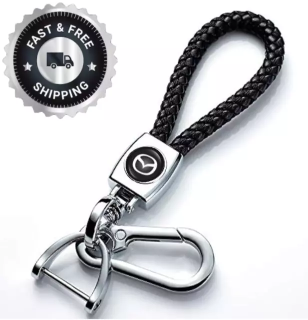 For Mazda Black Braided Microfiber Leather Car Keychain Weave Key Ring Holder