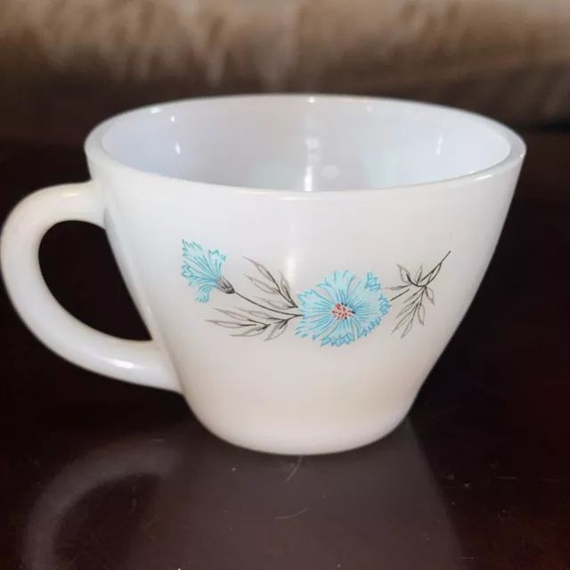 Vtg Fire King Milk Glass Coffee Tea Cup Mug Blue Corn Flower Carnation
