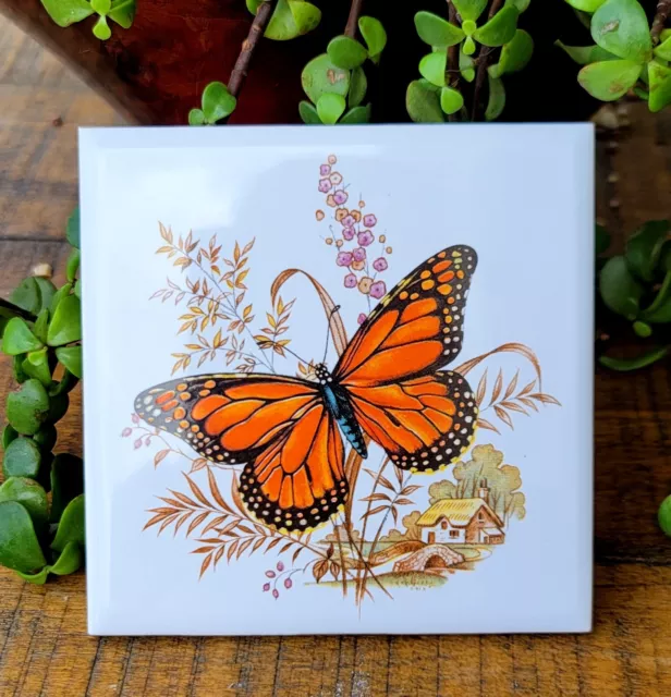 Vintage Retro Butterfly in Countryside Ceramic Tile 4.5"x4.5" Made Thailand