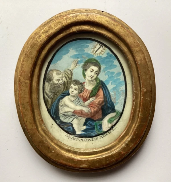 Miniatur „Heilige Familie“, colorierter Kupferstich, 18. Jhdt, vergold. Rahmen.