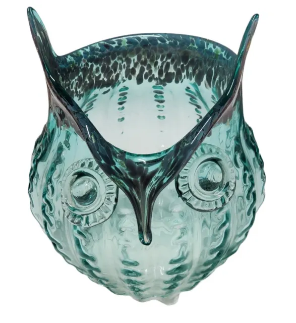 Pier 1 One Glass Owl Vase Green Purple Rim Handblown Art Glass  Applied Eyes 9"