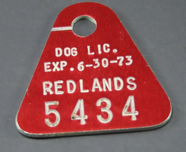 Vintage REDLANDS CALIFORNIA Dog Owner's License Tag 1973 RED METAL Registration
