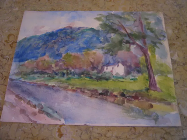 Vintage Antique Early 20th Century E A Trego Watercolor Painting of Landscape