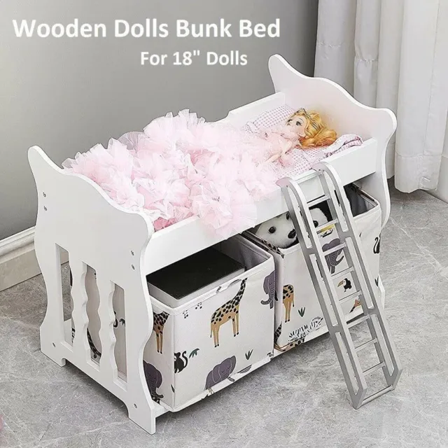 Doll Bunk Bed Doll Nursery Crib Wooden Doll Cot Furniture Toy With 2 Storage Box