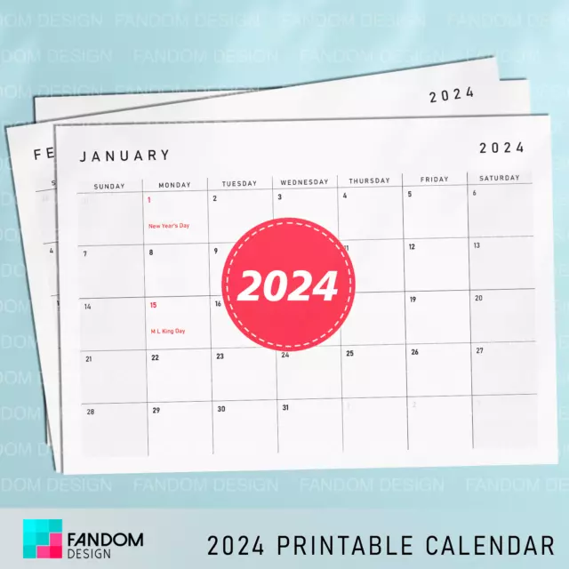 2024 PRINTABLE CALENDAR, Monthly, Minimalist, Landscape, A4, Letter