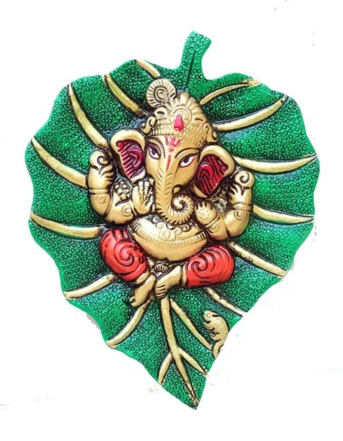 Indian Traditional Lord Ganesha On Green Leaf Multicolor