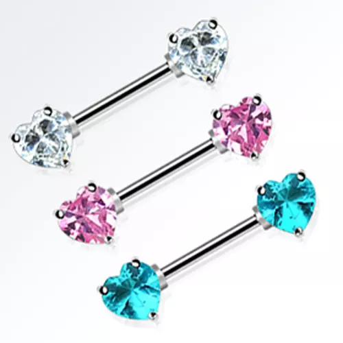 Herz Brust Piercing Schmuck Stab mit 2 Kristall Herzen Klar Rosa Aqua Silber